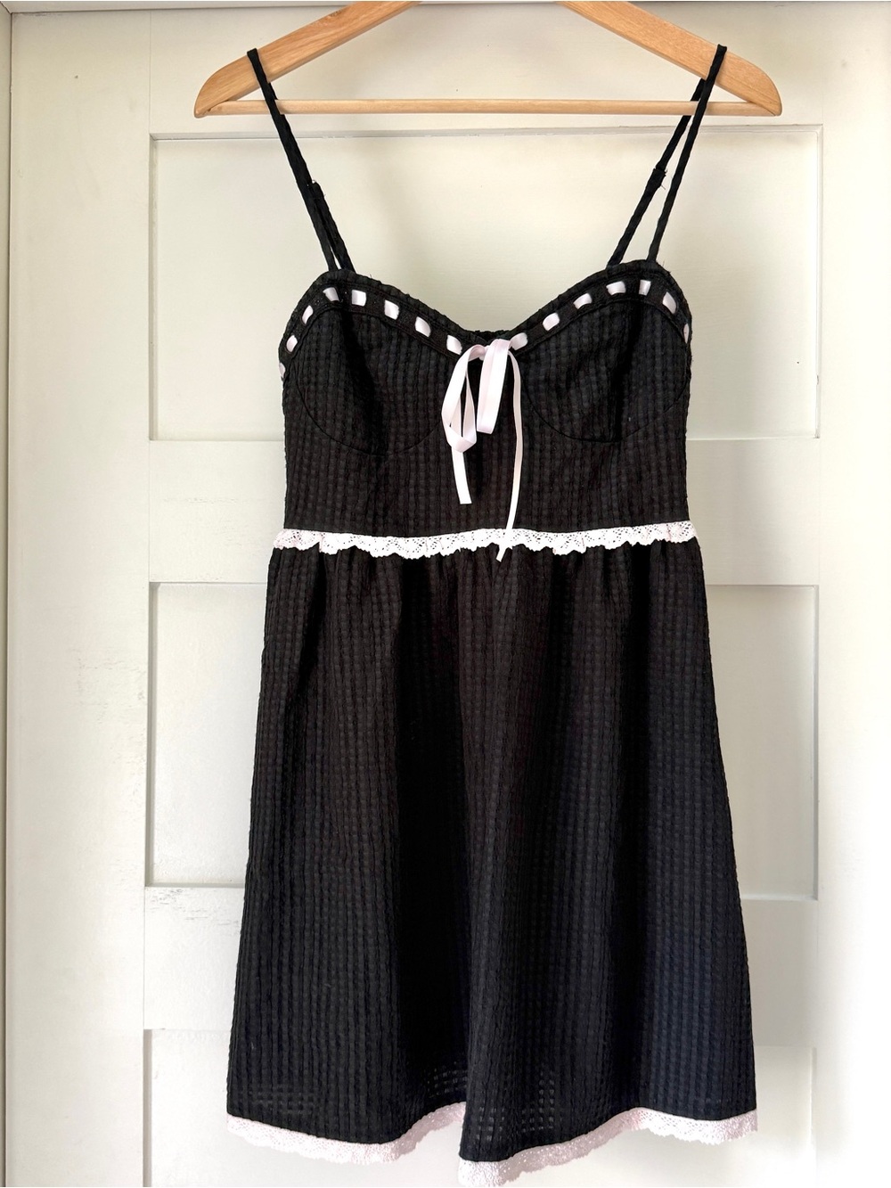 Black spaghetti strap slip dress with lace